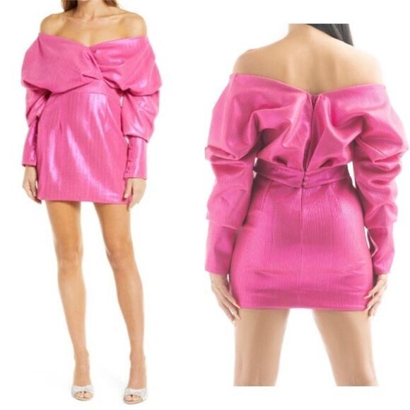 NORDSTROM x Nichole Lynel NWT Off the Shoulder Minidress Hot Pink Metallic Small - Picture 1 of 7